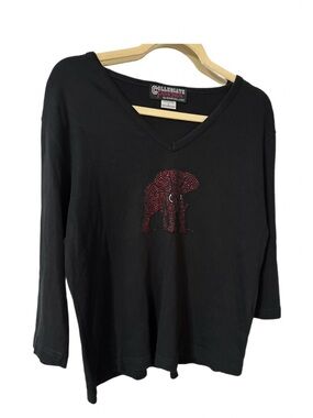Black Long-Sleeve V-Neck Tee with Red Elephant Rhinestone